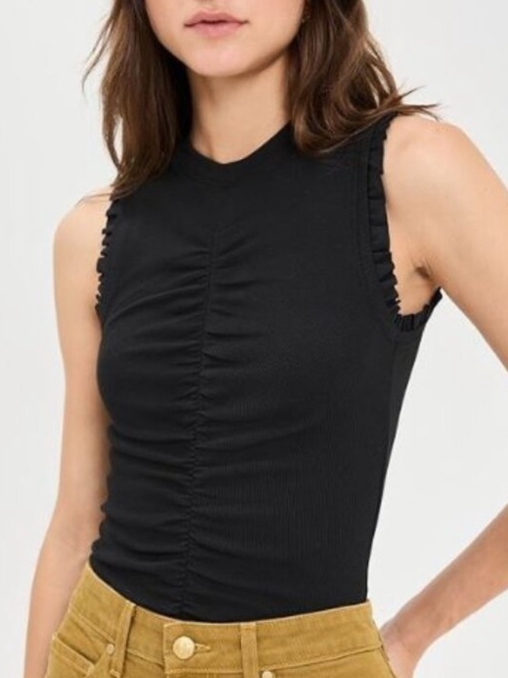 Ulla Johnson Kyla Black Ruched Sleeveless Ruffle Ribbed Tank Womens Medium